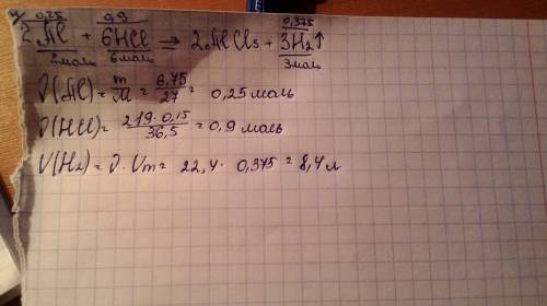 Вычислите объём газа(н.у),который выделяется при взаимодействии алюминия массой 6,75 грамм и 15% рас