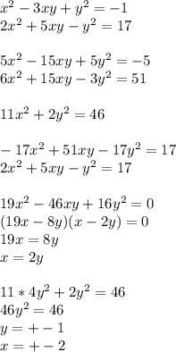 x^2-3xy+y^2=-1\\&#10;2x^2+5xy-y^2=17\\\\ &#10;5x^2-15xy+5y^2=-5\\&#10;6x^2+15xy-3y^2=51\\\\ &#10;11x^2+2y^2=46\\\\&#10;-17x^2+51xy-17y^2=17\\&#10;2x^2+5xy-y^2=17\\\\&#10;19x^2-46xy+16y^2=0\\&#10;(19x-8y)(x-2y)=0\\&#10;19x=8y\\&#10;x=2y\\\\&#10;11*4y^2+2y^2=46\\&#10;46y^2=46\\&#10; y=+-1\\&#10; x=+-2