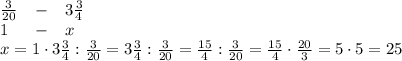 \frac3{20}\;\;\;-\;\;\;3\frac34\\1\;\;\;\;\;-\;\;\;x\\x=1\cdot3\frac34:\frac3{20}=3\frac34:\frac3{20}=\frac{15}4:\frac3{20}=\frac{15}4\cdot\frac{20}{3}=5\cdot5=25