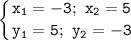 \displaystyle\tt\left \{ {{x_1=-3;~x_2=5} \atop {y_1=5;~y_2=-3}} \right.