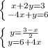 \left \{ {{x+2y=3} \atop {-4x+y=6}} \right. \\&#10;\\&#10; \left \{ {{y= \frac{3-x}{2} } \atop {y=6+4x}} \right.