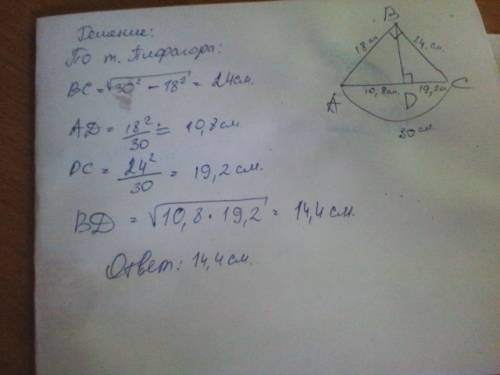 Катет и гипотенуза прямоугольного треугольника равны 18 и 30. найдите высоту, проведенную к гипотену