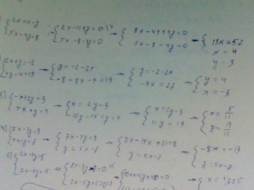 Решите систему уравнения 1) 2x=11-y 2)2x+y=-2 3)-x+2y=3 4)7x-3y=8 5)2x-3y=8 5x-4y=8 4y-x=19 5x+y=4 5