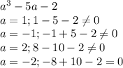 a^3-5a-2\\a=1;1-5-2\neq0\\a=-1;-1+5-2\neq0\\a=2;8-10-2\neq0\\a=-2;-8+10-2=0