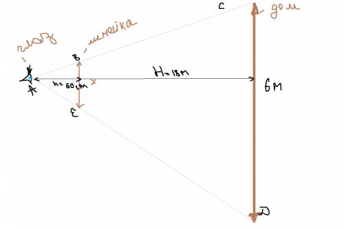 Высота дома 6м.мальчик стоит в 18м от него.он держит линейку на расстоянии 60см от глаза и она полно