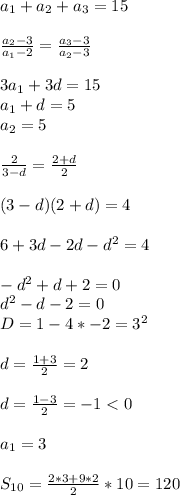 a_{1}+a_{2}+a_{3}=15\\\\&#10;\frac{a_{2}-3}{a_{1}-2}=\frac{a_{3}-3}{a_{2}-3}\\\\ &#10; 3a_{1}+3d=15\\&#10; a_{1}+d=5\\&#10; a_{2}=5\\\\&#10;\frac{2}{3-d}=\frac{2+d}{2}\\\\ &#10;(3-d)(2+d)=4\\\\&#10;6+3d-2d-d^2=4 \\\\&#10; -d^2+d+2=0\\\&#10; d^2-d-2=0\\\&#10; D=1-4*-2=3^2\\\\&#10; d=\frac{1+3}{2}=2\\\\&#10; d=\frac{1-3}{2}=-1<0\\\\&#10;a_{1}=3\\\\&#10; S_{10}=\frac{2*3+9*2}{2}*10=120