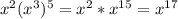 x^{2} ( x^{3} ) ^{5} = x^{2} * x^{15} = x^{17}