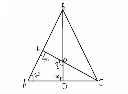 Втреугольнике abc угол а равен 70 bd и се -высоты, пересекающиеся в точке о найдите угол doe