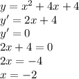 y=x^{2}+4x+4 \\ y'=2x+4 \\ y'=0 \\ 2x+4=0 \\ 2x=-4 \\ x=-2