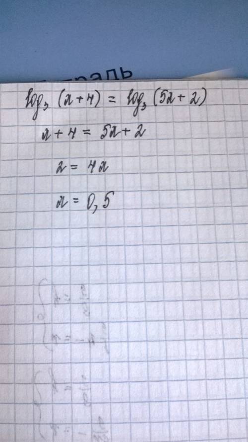 Log3(x+4)=log3(5x+2) можно более подробное обьяснение