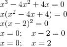 Х3-4х2+4х=0 найдите корни уравнения!