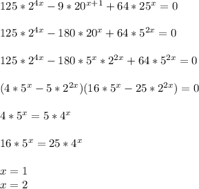 125*2^{4x}-9*20^{x+1}+64*25^x=0\\\\&#10;125*2^{4x}-180*20^x+64*5^{2x}=0\\\\&#10;125*2^{4x}-180*5^{x}*2^{2x}+64*5^{2x}=0\\\\&#10; (4*5^x-5*2^{2x})(16*5^x-25*2^{2x})=0\\\\&#10;4*5^x=5*4^{x}\\\\&#10;16*5^x=25*4^{x}\\\\ &#10;x =1\\&#10;x=2