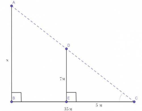 Найдите высоту фабричной трубы если она даёт тень 35м а столб высотой 7 м даёт тень 5 м.