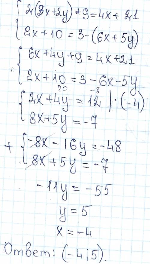 {2(3x+2y)+9=4x+21 {2x+10=3-(6x+5y) скажите ответ: )