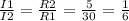 \frac{I1}{I2} = \frac{R2}{R1} = \frac{5}{30} = \frac{1}{6}