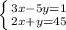 \left \{ {{3x-5y=1} \atop {2x+y=45}} \right.