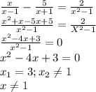 \frac{x}{x-1}- \frac{5}{x+1}= \frac{2}{x^2-1} \\ &#10; \frac{x^2+x-5x+5 }{x^2-1}= \frac{2}{X^2-1} \\ &#10; \frac{x^2-4x+3}{x^2-1}=0 \\ &#10;x^2-4x+3=0 \\ &#10; x_{1}=3; x_{2} \neq 1 \\ &#10;x \neq 1