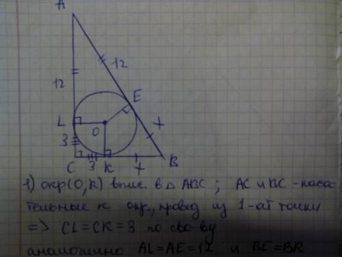 Точка касания вписанной в прямоугольный треугольник окружности делит катет на отрезки 3 см и 12 см.н