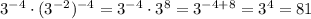 3^{-4} \cdot (3^{-2})^{-4} = 3^{-4} \cdot 3^{8} = 3^{-4+8} = 3^4 = 81