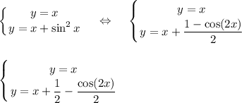 \displaystyle\left \{ {{y=x} \atop {y=x+\sin^2x}} \right.~~~\Leftrightarrow~~~\left \{ {{y=x} \atop {y=x+\dfrac{1-\cos(2x)}2}} \right.\\\\\\\left \{ {{y=x} \atop {y=x+\dfrac 12-\dfrac{\cos(2x)}2} \right.