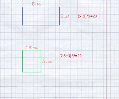 Периметр одного прямоугольника равен 20 см,а другого-22 см.начерти в тетради эти прямоугольники.