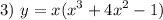 \displaystyle 3) ~ y = x(x^3+4x^2-1)