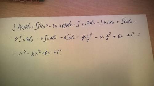 Найдите первообразную функцию f (x) = 4x^3 - 4x + 6.график которой проходит через точку a (1; 5)?