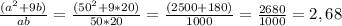 \frac{(a^{2}+9b)}{ab}=\frac{(50^{2}+9*20)}{50*20}=\frac{(2500+180)}{1000}=\frac{2680}{1000}=2,68