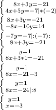 \left \{{{8x+3y=-21} \atop {4x+5y=-7 | * (-2)}} \right. \\ \left \{ {{8x+3y=-21} \atop {-8x-10y=14}} \right. \\ \left \{ {{-7y=-7 | : (-7):} \atop {8x+3y=-21}} \right. \\ \left \{ {{y=1} \atop {8x+3*1=-21}} \right. \\ \left \{ {{y=1} \atop {8x=-21-3}} \right. \\ \left \{ {{y=1} \atop {8x=-24 | :8}} \right. \\ \left \{ {{y=1} \atop {x=-3}} \right.