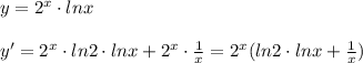 y=2^{x}\cdot lnx\\\\y'=2^{x}\cdot ln2\cdot lnx+2^{x}\cdot \frac{1}{x}=2^{x}(ln2\cdot lnx+\frac{1}{x})