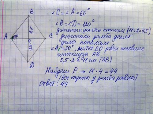 Диогональ вд ромба ровна 11см ,а острый угол 60*.найдите периметр ромба в сантиметрах