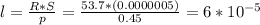 l= \frac{R*S}{p}= \frac{53.7*(0.0000005) }{0.45} = 6* 10^{-5}