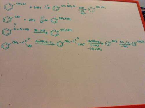 Получите бензиламин из хлористого бензила, бензонитрила, оксима бензальдегида и фенилуксусной кислот