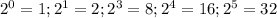 2^{0} =1; 2^{1} =2; 2^{3}=8; 2^{4}=16; 2^{5} =32