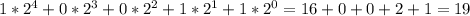 1*2^{4} +0* 2^{3} +0* 2^{2} +1* 2^{1} +1* 2^{0} =16+0+0+2+1=19