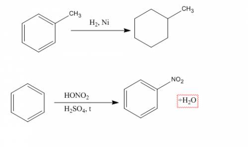 А) реакция гидрирования толуола б) реакция нитрование бензола