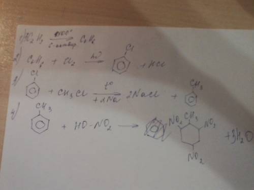 Уравнение реакций с которых можно осуществить след.превращения ацетилен - бензол- хлорбензол-метилбе