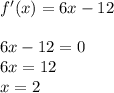 f'(x)=6x-12 \\ \\ 6x-12=0 \\ 6x=12 \\ x=2