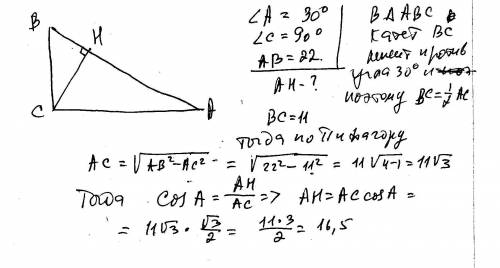 Втреугольнике авс угол с равен 90 градусов ; сн высота , угол а равен 30 градусам,ав=22.найти ан.