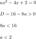 ax^2-4x+2=0\\\\D=16-8a0\\\\8a<16\\\\a<2