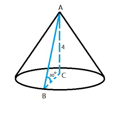 Высота конуса равна 4 см, угол наклона образующей равен 30 градусов.найти объём конуса.