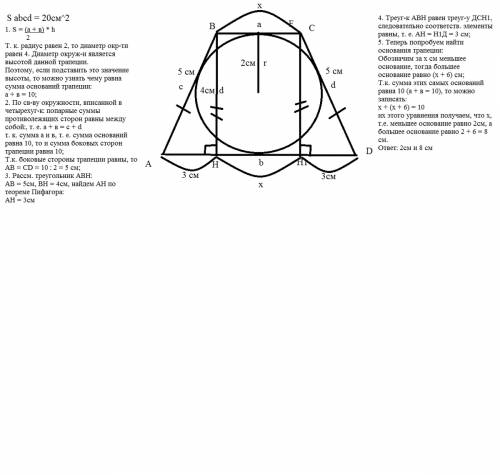 Площадь равнобокой трапеции равна 20 см2, а радиус вписанной окружности 2 см. найти основания трапец