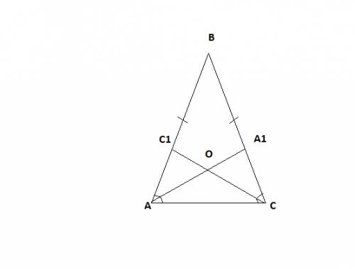 Втреугольнике abc углы bac и bca равны, биссектрисы aa1 и cc1 пересекаются в точке o. докажите, что