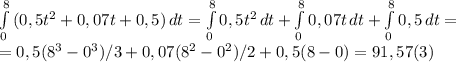 \int\limits^8_0 {(0,5t^2+0,07t+0,5)} \, dt=\int\limits^8_0 {0,5t^2} \, dt+\int\limits^8_0 {0,07t} \, dt+\int\limits^8_0 {0,5} \, dt=\\=0,5(8^3-0^3)/3+0,07(8^2-0^2)/2+0,5(8-0)=91,57(3)