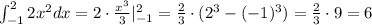 \int _{-1}^22x^2dx=2\cdot \frac{x^3}{3}|_{-1}^2=\frac{2}{3}\cdot (2^3-(-1)^3)=\frac{2}{3}\cdot 9=6