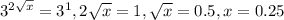 3^{2 \sqrt{x} }=3^{1}, 2 \sqrt{x} =1, \sqrt{x} =0.5, x=0.25