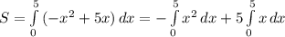 S= \int\limits^5_0 {(- x^{2}+5x)} \, dx =-\int\limits^5_0 { x^{2} } \, dx +5 \int\limits^5_0 {x} \, dx