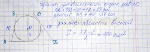 Найдите площадь трапеции (в см2), боковые стороны равны 10 см и 17 см, а радиус вписанной в трапецию