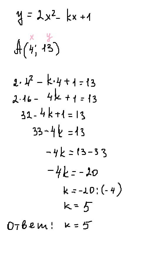 Точка а(4; 13) принадлежит графику функции у = 2х2 –кх +1. найдите к.