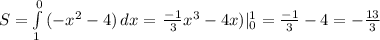 S= \int\limits^0_1{(-x^2-4}) \,dx= \left{\frac{-1}{3}x^3-4x \rihgt) |_0^1= \frac{-1}{3}-4=- \frac{13}{3}